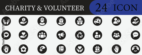 Charity and  Volunteer icon set with donation, help, support, community, kindness, humanity, love, aid, care, hope, compassion, and fundraising design