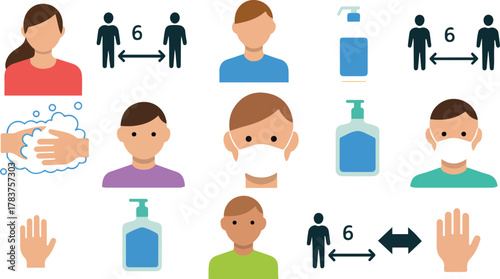 Social Distancing And Hygiene Rules For Coronavirus Prevention Icon Set