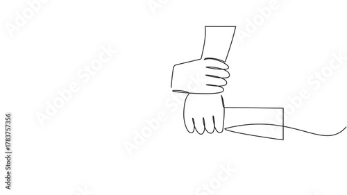 Animated self drawing of one continuous line draw group of young male and female business people unite hands together to form five star shape. Unity teamwork concept. Full length single line animation