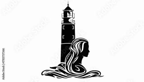 Black vector silhouette portrait of mermaid woman head with long hair among sea waves with lighthouse stock 
