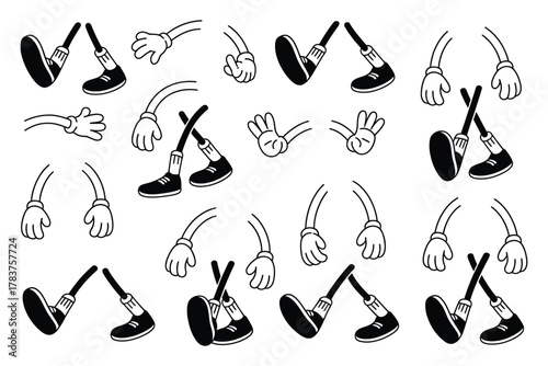 Vintage cartoon hands and feet, retro gloves and shoes illustration, isolated mascot elements in comic style from 1920s to 1950s.