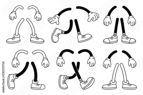 Vintage cartoon hands and feet, retro gloves and shoes illustration, isolated mascot elements in comic style from 1920s to 1950s.