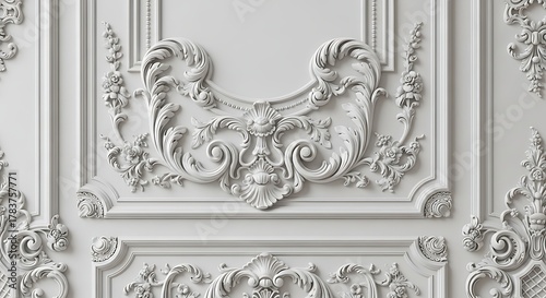 Elegant ornate white wall decor with intricate floral patterns and classic design