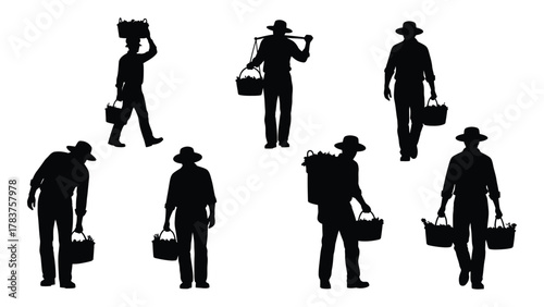 Farmers with harvest baskets silhouettes isolated on white background, Vector