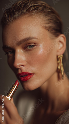 woman applying red lipstick