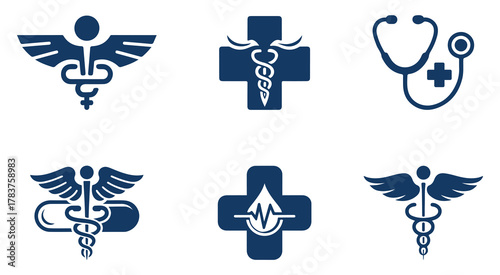 Modern Medical and Healthcare Symbol Icons Set – Caduceus, Cross, and Stethoscope Design Collection