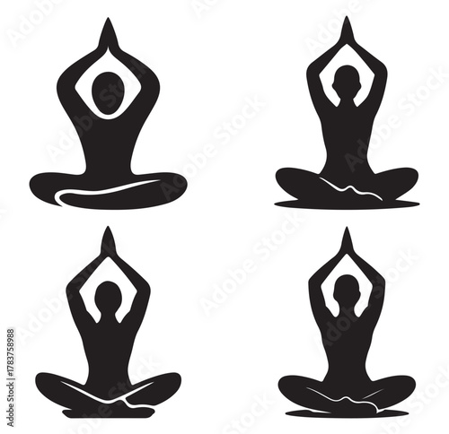Yoga Meditation Silhouette Icons Set – Relaxation, Mindfulness, and Wellness Pose Collection