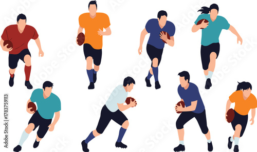 American football players running poses, diverse uniforms, holding ball, sports illustration, athletic action, competition training, dynamic movement, vector artwork, team game design