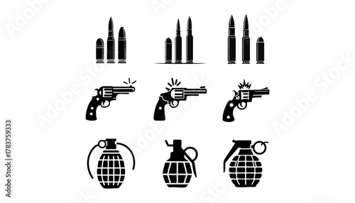 A monochrome illustration of firearms and ammunition. Bullets, revolvers, and grenades are the subjects