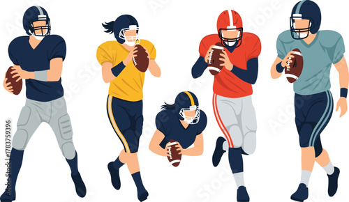 American football players illustration, colorful uniforms vector, athletes with ball, dynamic sports action design, teamwork competition art, athletic movement, game icons, training