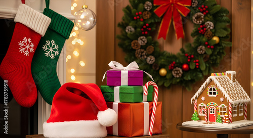 Cozy Christmas scene featuring festive stockings, colorful presents, Santa hat, and gingerbread house, evoking warm holiday spirit