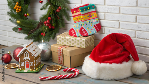 Gingerbread house Christmas decorations holiday gifts festive socks Santa hat ornaments candy canes winter celebration cozy atmosphere seasonal items