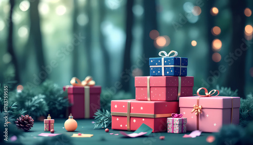 Festive gift boxes in various colors and sizes are arranged amidst serene forest backdrop, creating magical holiday atmosphere filled with joy and anticipation