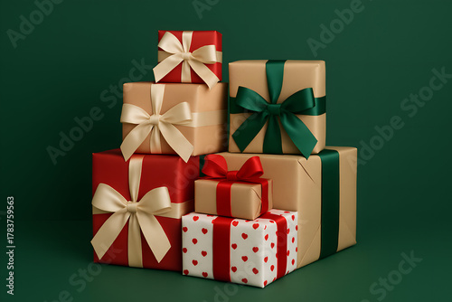 Colorful gift boxes stacked together, featuring various ribbon styles and patterns, creating festive and cheerful atmosphere perfect for celebrations