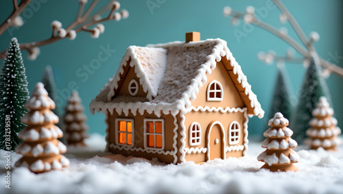 Charming gingerbread house sits amidst snowy landscape, surrounded by miniature evergreen trees and delicate branches. warm glow from windows adds cozy touch to this festive scene