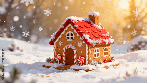 Whimsical gingerbread house adorned with colorful candy decorations sits snowy landscape, surrounded by falling snowflakes and warm, golden glow. This enchanting scene captures magic of winter