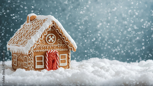 Gingerbread house decorated with icing and candy, surrounded by snowflakes, creating cozy winter atmosphere. scene evokes warmth and holiday cheer