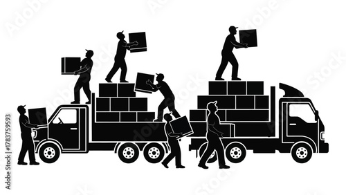 Silhouette of workers loading and unloading trucks isolated on white background, Vector
