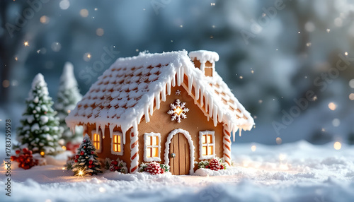 Charming gingerbread house adorned with icing and candy, surrounded by miniature evergreen trees and snowy landscape, evokes warm holiday spirit