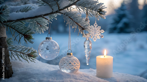 Serene winter scene featuring snow covered pine tree adorned with sparkling ornaments and glowing candle. atmosphere evokes sense of warmth and tranquility amidst cold