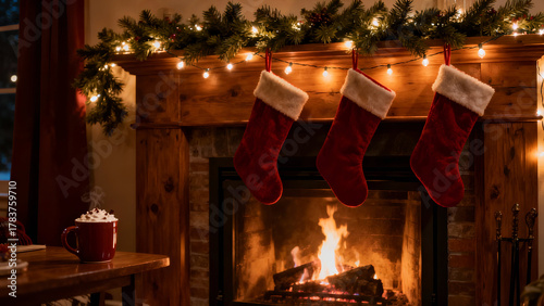 Cozy Christmas scene featuring fireplace adorned with stockings, warm glow from fire, and festive decorations. atmosphere evokes feelings of warmth and holiday cheer