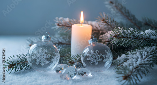 Serene winter scene featuring decorative glass ornaments with snowflake designs, lit candle, and pine branches adorned with snow. atmosphere evokes cozy holiday spirit