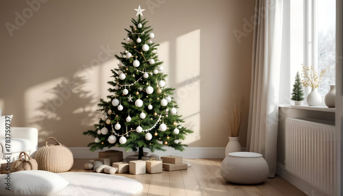 Beautifully decorated Christmas tree stands in cozy living room, adorned with white ornaments and star on top. warm sunlight filters through window, creating festive atmosphere