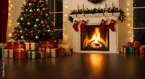 Cozy Christmas scene featuring beautifully decorated tree adorned with ornaments and lights, surrounded by colorful gift boxes. warm fire crackles in fireplace, creating festive atmosphere