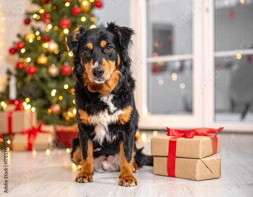 Wet Black and Brown Dog Sitting Near Christmas Tree with Gift Wrapped in Kraft Paper Tied with Red Ribbon in Brightly Lit Room