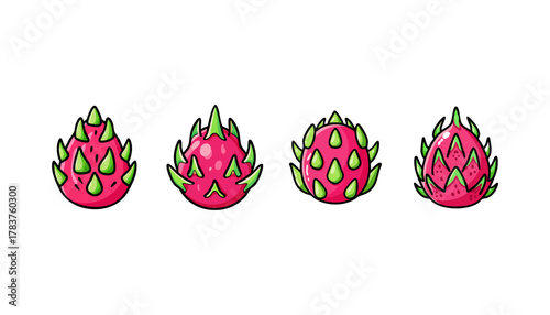 Cartoon illustrations of four dragon fruits with various orientations, pink & green