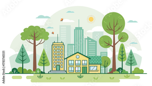 A colorful vector illustration of a green eco-city with buildings