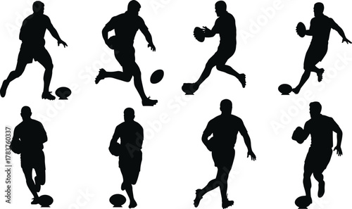American football players silhouette illustration, athletes with ball vector, dynamic sports action design, running passing tackling poses, athletic competition icons set