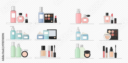 Collection of various cosmetic and beauty products displayed on shelves, including skincare, makeup, and fragrances in different color schemes.