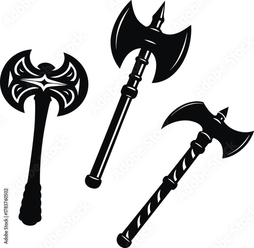 Battle Axes Set in Silhouette: A powerful collection of battle axes, each expertly crafted and rendered in striking silhouette, showcasing strength, design, and historical allure. 