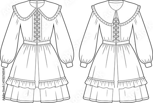 Lace-up dress sketch, fashion technical drawing, front and back view, ruffled collar, puff sleeves, tiered skirt, garment illustration, apparel template, vector outline, clothing design