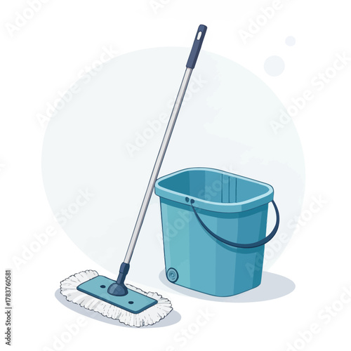 A vector illustration of a cleaning mop and bucket with handle