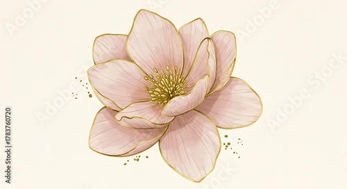 Delicate floral illustration with gold outlines and soft pink petals, on a cream background