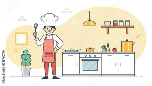 Chef character cooking in a colorful kitchen setting