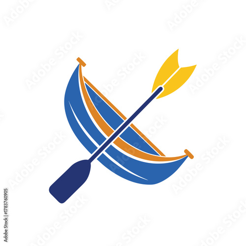 a logo that combines elements of a boat, an oar, and an arrow