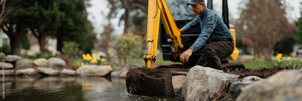 Fototapeta premium In this image, a man works diligently by a tranquil pond, attending to landscaping duties that emphasize nature's beauty and the art of creating serene environments for relaxation.