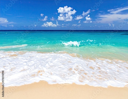 Waves Crashing on Sandy Shoreline with Turquoise Water and Blue Sky with White Clouds in Sunny Tropical Beach Destination