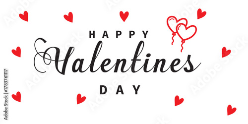 Valentines Day elegant hand text banner. Valentine greeting card template with calligraphy happy valentine`s day and red heart in line on white background. Vector illustration 
