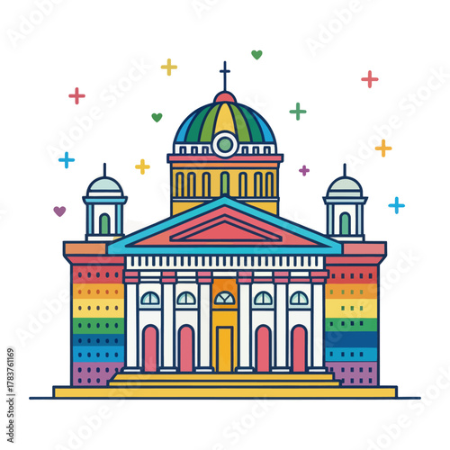 Colorful Flat Icon of a Courthouse Building in Bright Sunlight