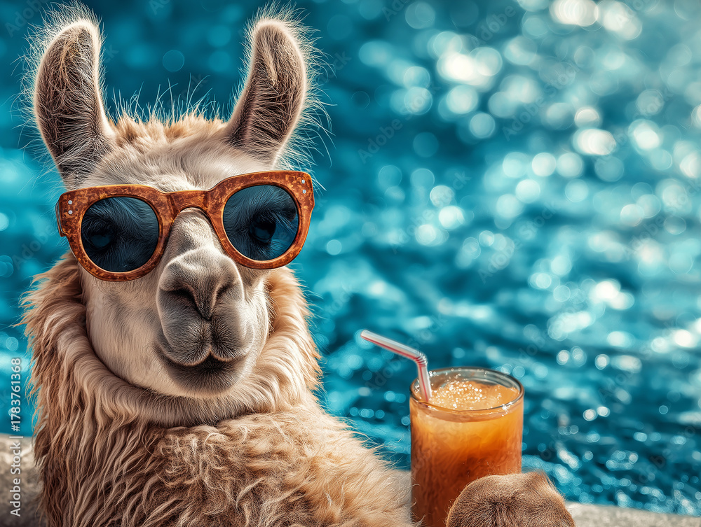 Obraz premium Llama wearing sunglasses relaxes by the poolside. A glass of orange juice sits nearby.
