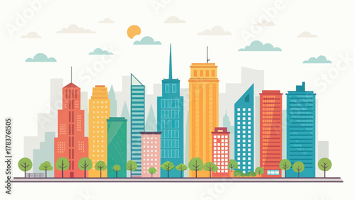 Colorful modern city skyline with flat minimalist design