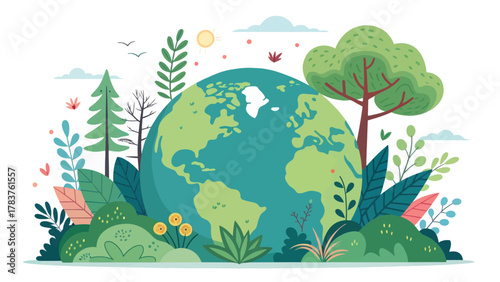 Colorful Planet Earth Illustration with Plants for Earth Day