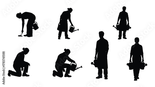 Gardening activity silhouettes collection isolated on white background, Vector