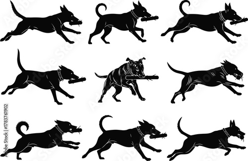 Flat vector aggressive dog silhouettes, running and attacking poses, fierce canine motion, black collar detail, dynamic pet behavior, action illustration design