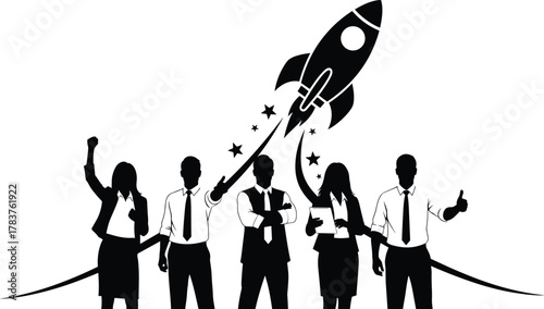 Silhouette business team, rocket launch, startup success, leadership, innovation, teamwork, ambition, growth, strategy, unity, professional achievement, progress