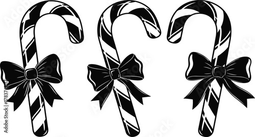 Black and white candy cane illustration with festive bows, holiday decoration vector, Christmas sweet design, striped candy art, seasonal celebration graphic